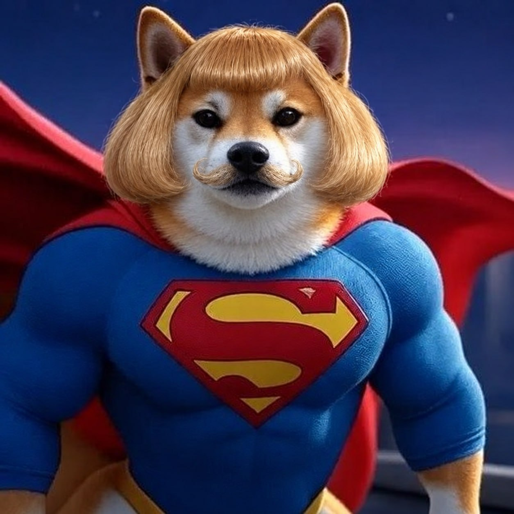 Super Jean: a shiba in a blonde bob wig and handlebar mustache, wearing a blue suit and red cape